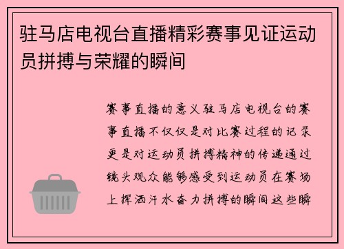 驻马店电视台直播精彩赛事见证运动员拼搏与荣耀的瞬间